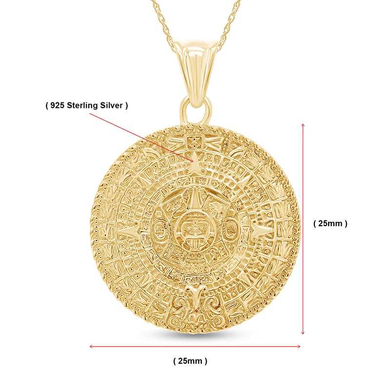 Aztec Mayan Sun Calendar Charm Pendant Necklace for Men and Women 14K Gold Plated 925 Sterling Silver Medallion Pendant Necklace with 18-Inch Rope chain2