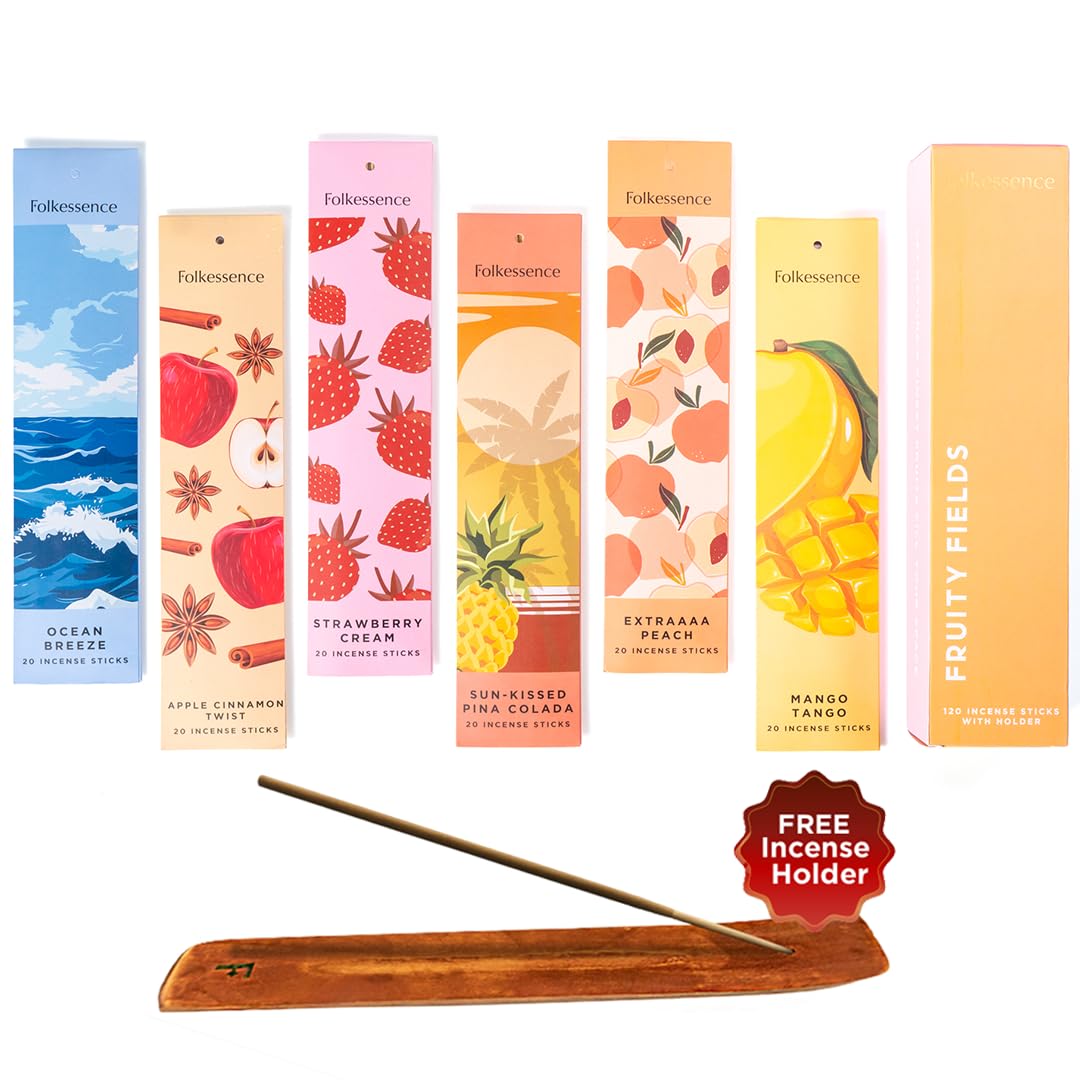 Folkulture Fruity Fields Incense Sticks With Holder (120 Sticks) | Set Of 6 Fruit Incense Sticks For Mood, Stress Relief | No Charcoal, Organic, Non Toxic, 45 Mins,Long Burning Mango, Pineapple, Insence-Sticks