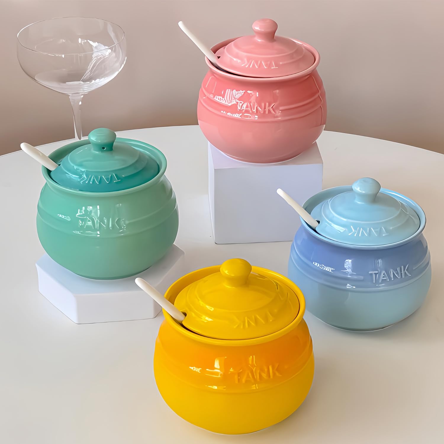 Zuckerdose mit Deckel und Löffel, buntes Zuckerglas, 250 ml, Gelb
