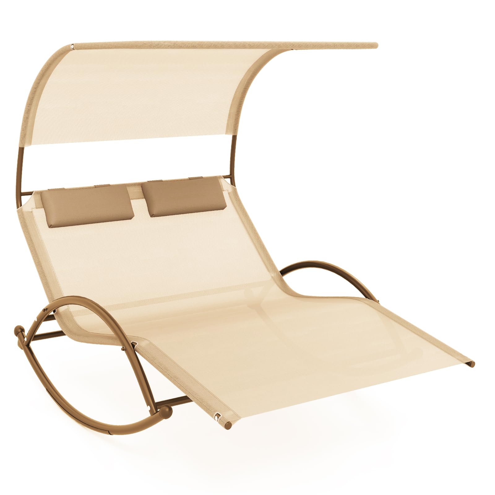 COSTWAY Tumbona Doble Jardin Exterior con Toldo, Tumbona Mecedora con 2 Reposacabezas Desmontables, Chaise Lounge Doble Textilene Jardín Patio, Marco de Metal Resistente (Beige)