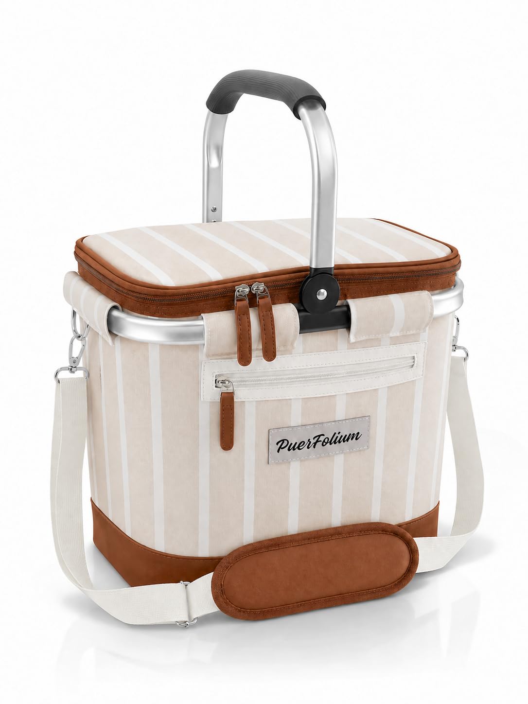 Kühltasche Einkaufskorb Kühlkorb 20L Faltbar Isoliert Thermo mit Deckel Reißverschluss Abnehmbarer Picknickkorb Aluminiumrahmen Thermokorb Schultergurt verstärkt für Einkauf Picknick Beige