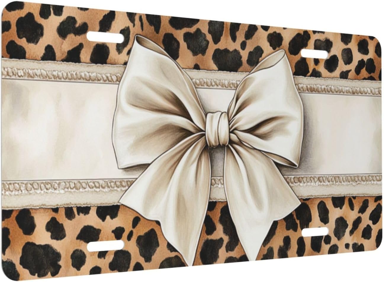 Chic Leopard Print Cream Bow License Plate Decorative Car Front,Metal Car Plate,Vanity Tag,Aluminum Noverlty License Plate Waterproof Colorfast 6×12 Inch