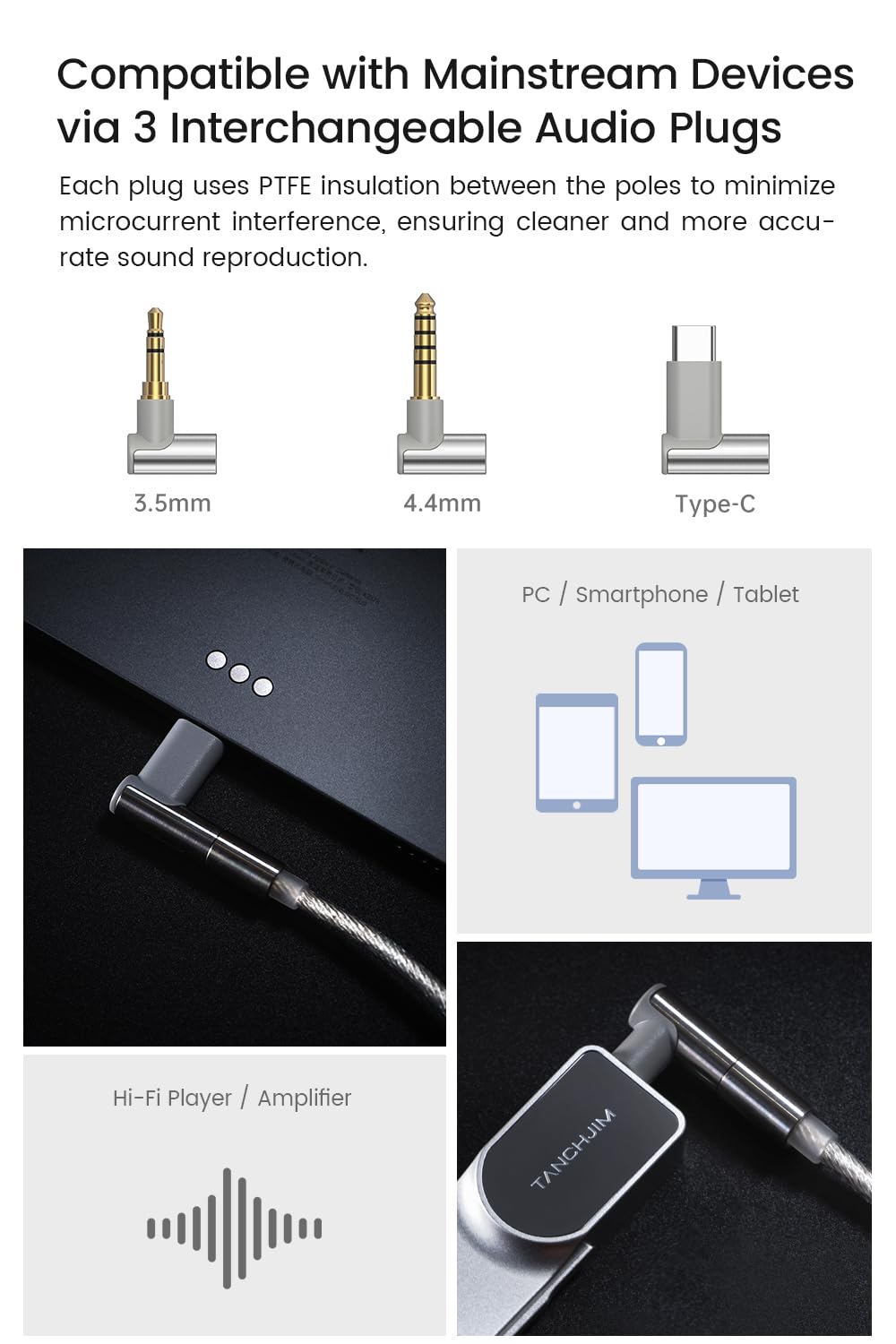 TANCHJIM CABLE X 0.78 2pin Replacement Earphone Cable, Upgraded Silver-Plated 1.25m In-Ear Headphone Cord, Silver & Copper Mixed HIFI Earbuds Wire Built-In High-Performance DSP Chip 3.5mm/4.4mm/Type-C