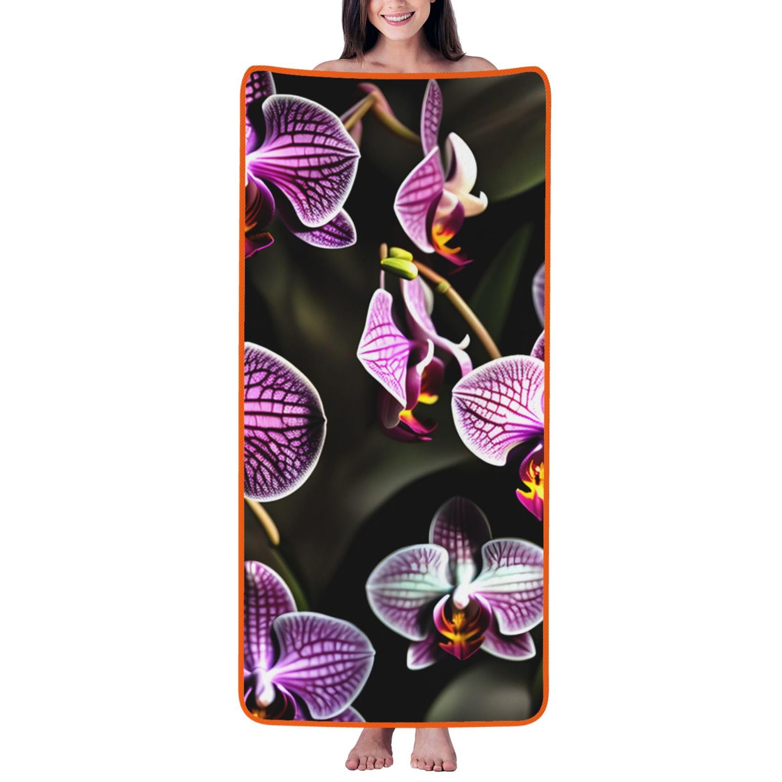 Nimongt Unisex Orange Purple Orchids Print Print Lightweight Comfort Coral Velvet Bath Towel Home Bathroom Hotel Spa Beach Travel