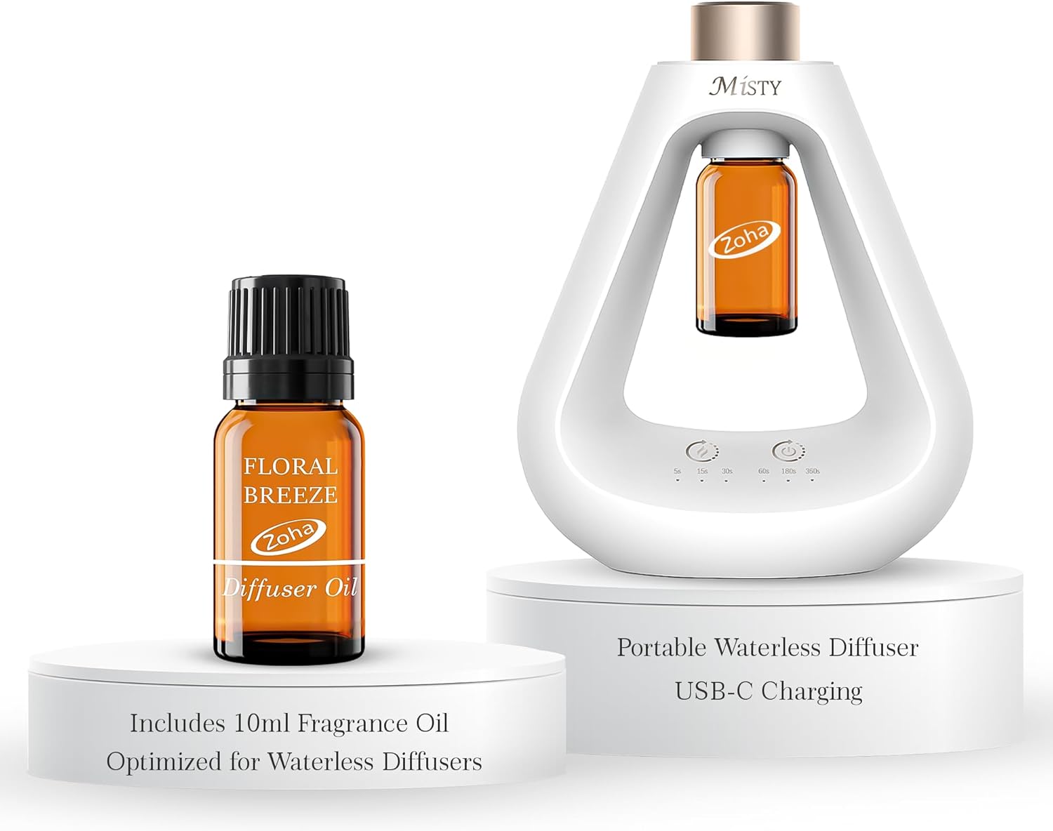 Misty Waterless Diffuser (500 Sq Ft Coverage) - Rechargeable Battery Operated - Include 10ml Fragrance Oil