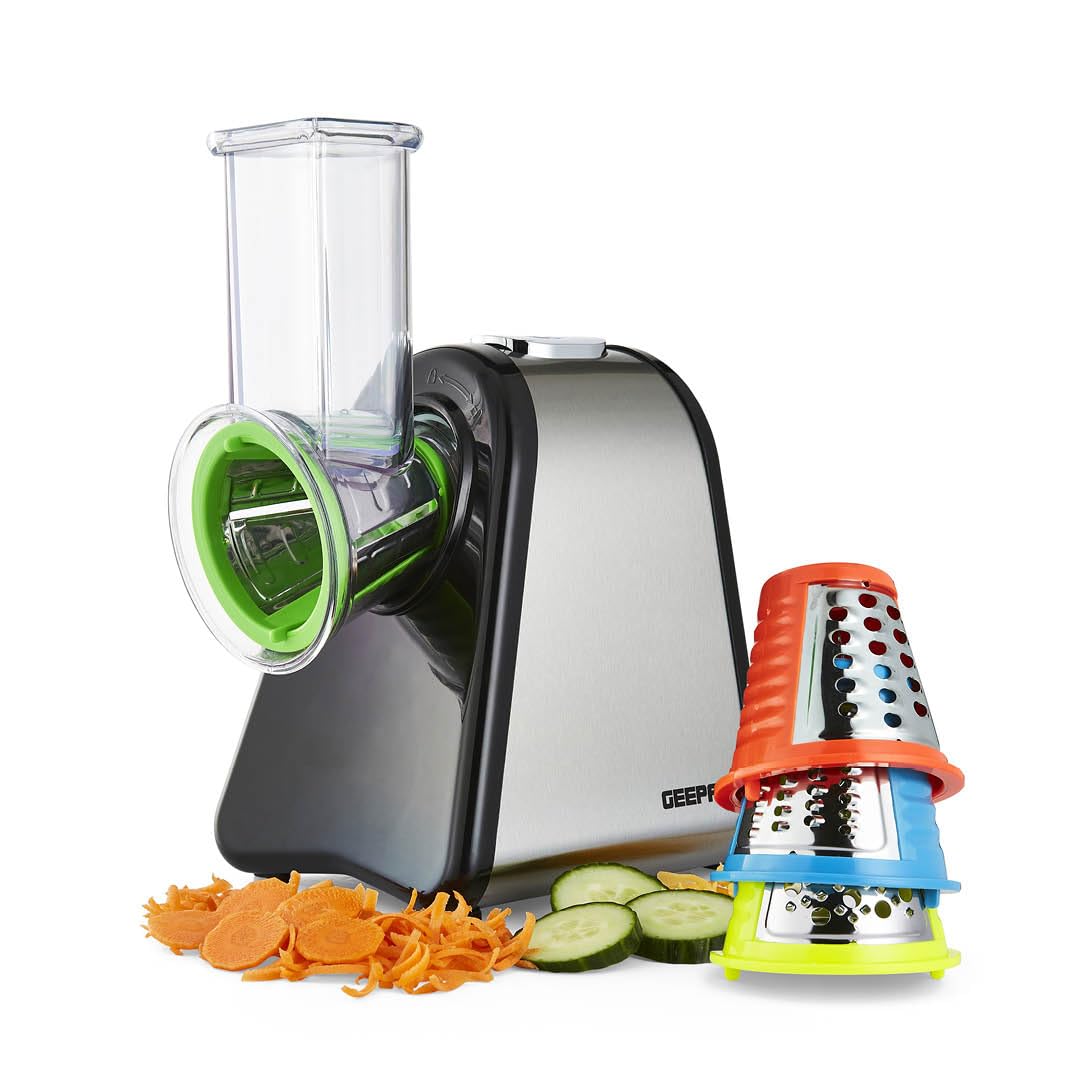 Geepas 200W 4 in 1 Electric Salad Maker | Electric, Multi Grater, Fruit Cutter, Vegetable Slicer, Shredder | Food Processor, Cylinder Design with 4 Cone Blades Set – 2 Year Warranty