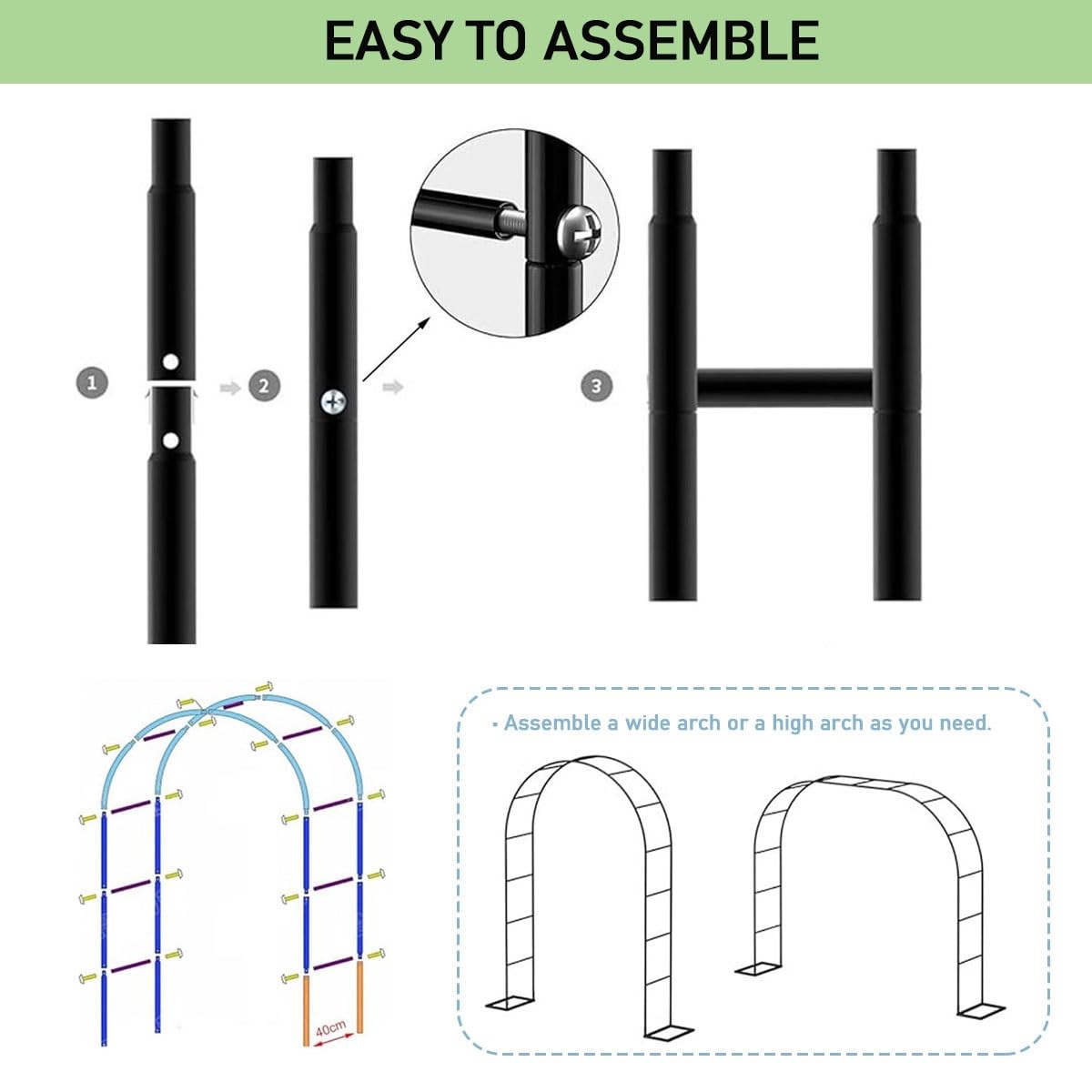Arco da giardino in metallo 1,4 3,0 m, robusto supporto per piante rampicanti con base per rose, decorazione per matrimoni (nero, B0,8 x 2,0 m)