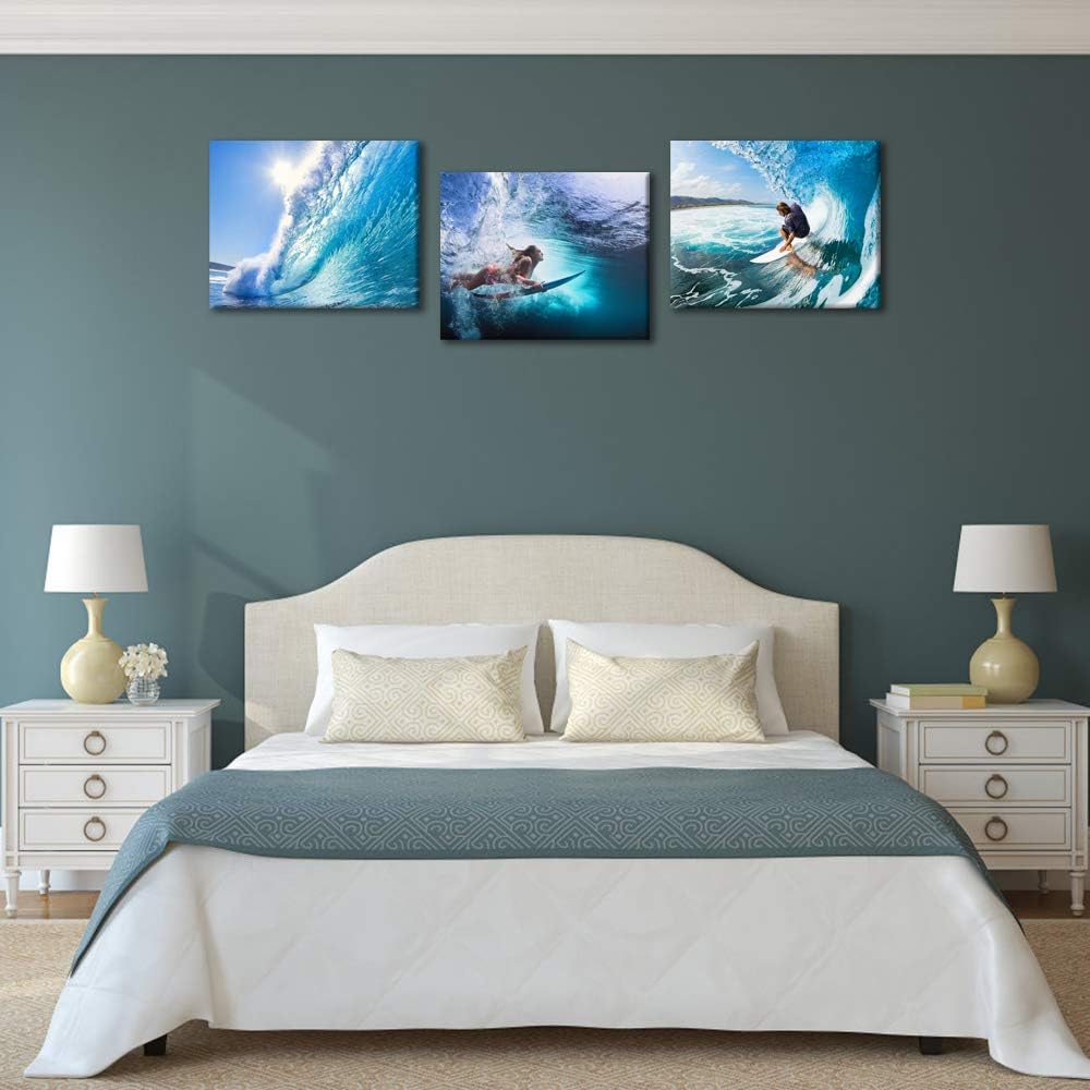 Innopics 3 Large Piece Blue Tropical Seascape Canvas Wall Art Surfing Ocean Wave Picture Print Surfer Extreme Water Sport Painting Modern Home Decor Office Teens Bedroom Living Room Framed Decoration