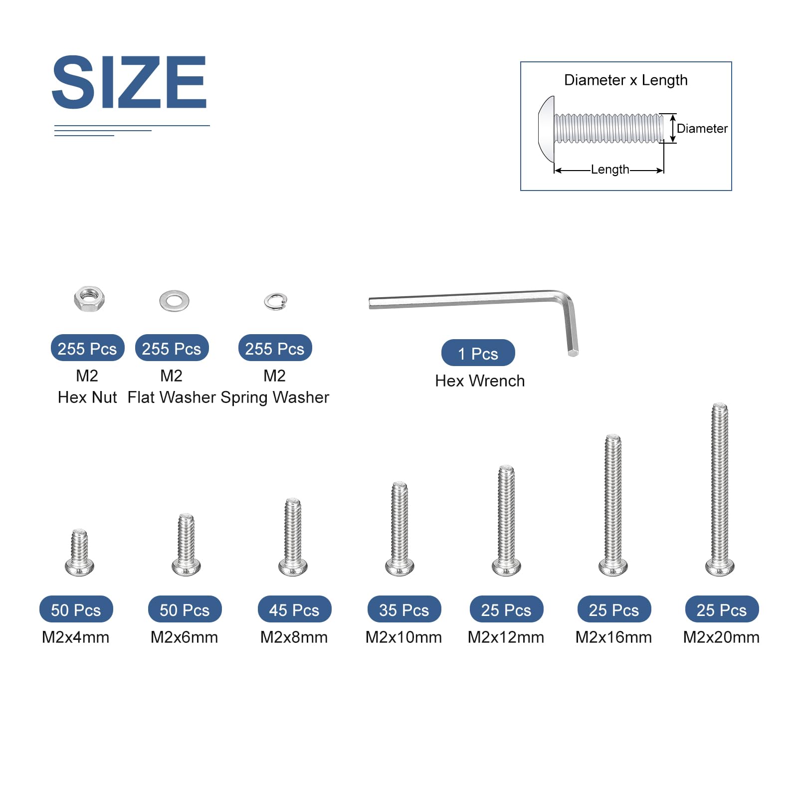 DTGN 1021Pcs M2 Button Head Hex Socket Cap Screw, 4-20mm Bolt Nut Washer Wrench Assortment Kit 304 Stainless Steel - Image 2