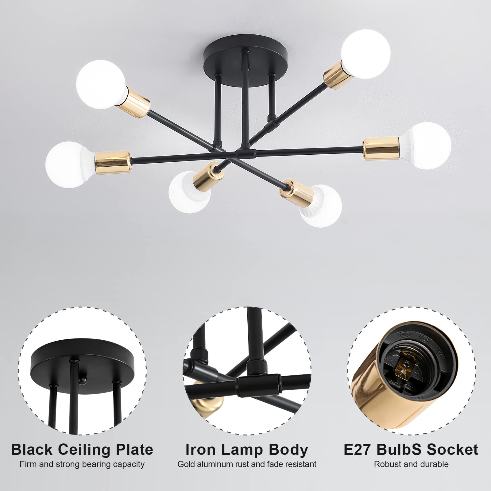Lampadario Industriale 6 Luci Nero E Oro - Moderno E Elegante Per Soggiorno