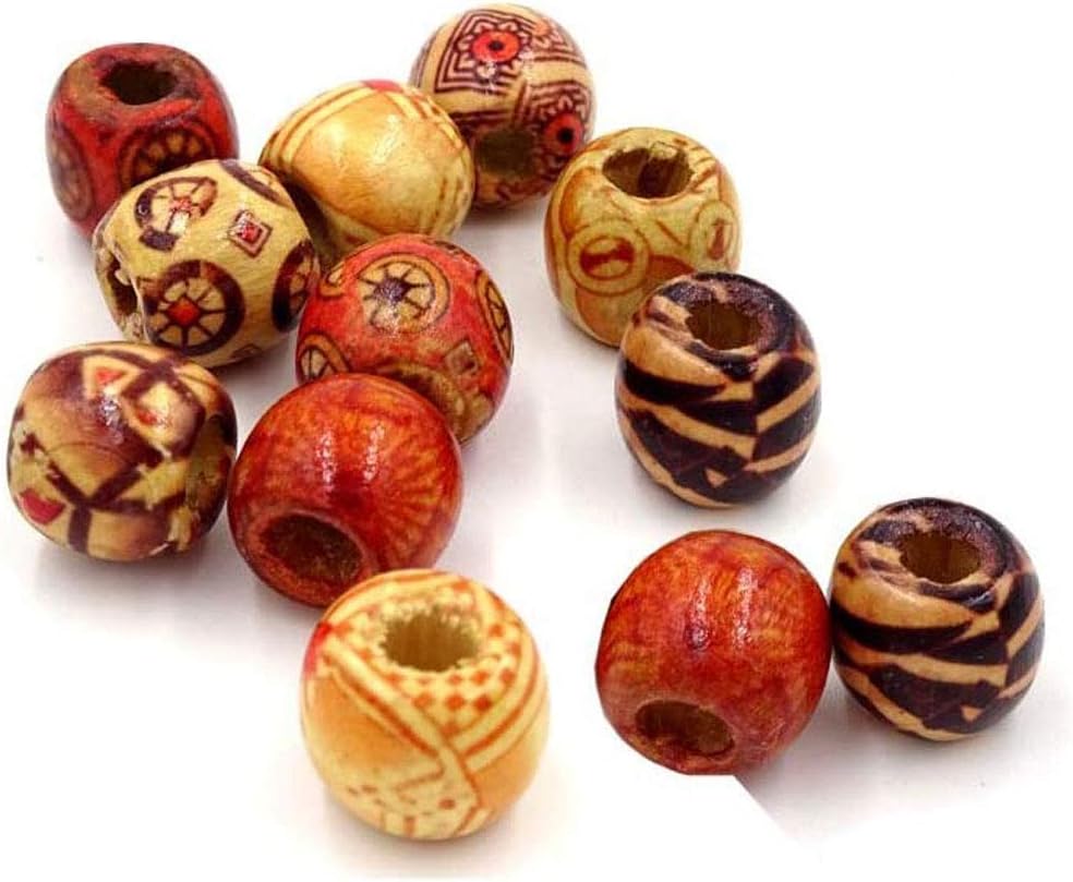 Dreadz Small Wooden Barrel Ethnic Multi Mix Dreadlock Hair Beads (5mm Hole) x 12 Bead Pack, ideal for Dreads, Braids and Beards