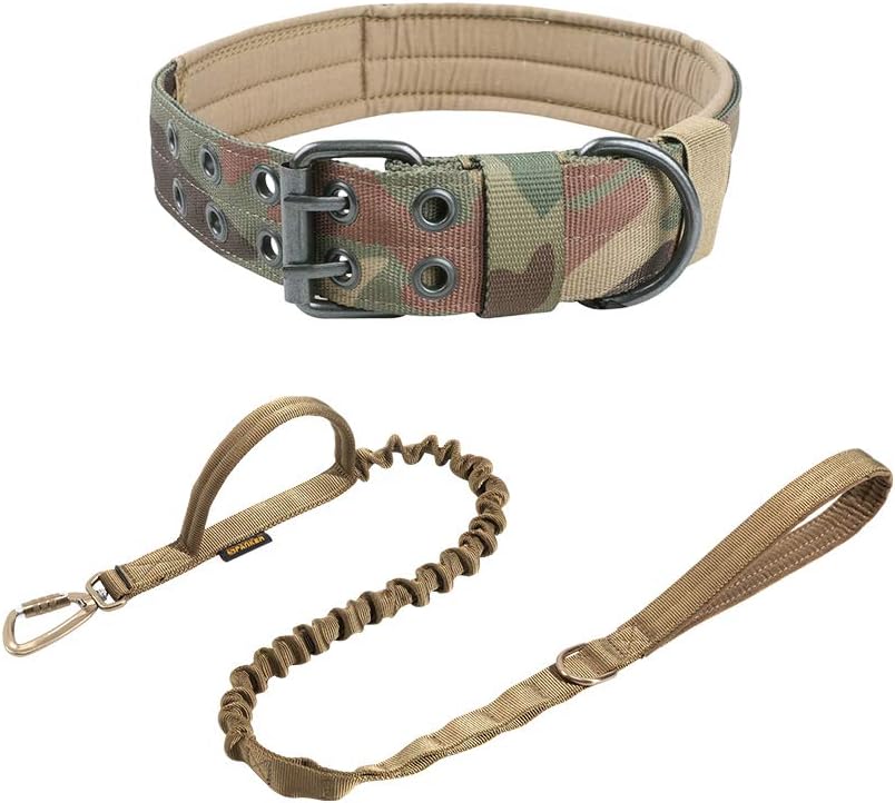 X-Large Military Dog Collar Adjustable Tactical Bungee Dog Leash Space Aluminum Hook Clips