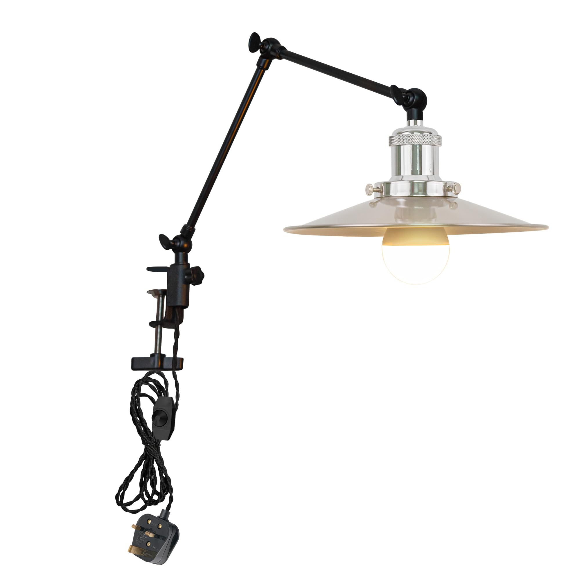 FSLiving Dimmable Desk Lamp Clamp, Desk Lamp Clip Light with Flexible Swing Arm and 2.5 m Cable,Decorative Iron Clamp Lamp Adjustable for Study Office Reading with Sand Nickel Lampshade