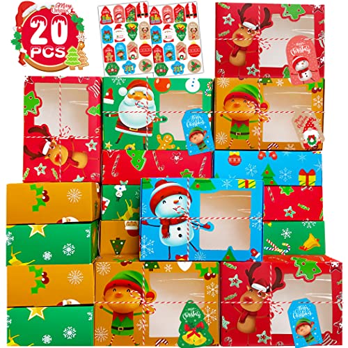 Funnlot Christmas Cookie Tins Christmas Candy Boxes Christmas Cookie Boxes For Gift Giving With Tags 20PCS Christmas Food Boxes Christmas Bakery Boxes Treat Boxes With Window Gift Baking Box For Pastries Cupcakes Candy Holiday Treat With Tags