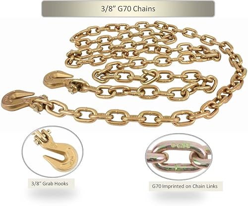 Miniatura 2 de Mytee Products Cadena de carpeta de grado 70 de 38 pulgadas x 6 pies con ganchos de agarre de horquilla, cadena de remolque de transporte G70,