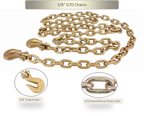 Miniatura 6 de Mytee Products Cadena de 38 pulgadas x 16 pies de grado 70 con ganchos de agarre de horquilla  Cadena de remolque de transporte G70  Límite de carga