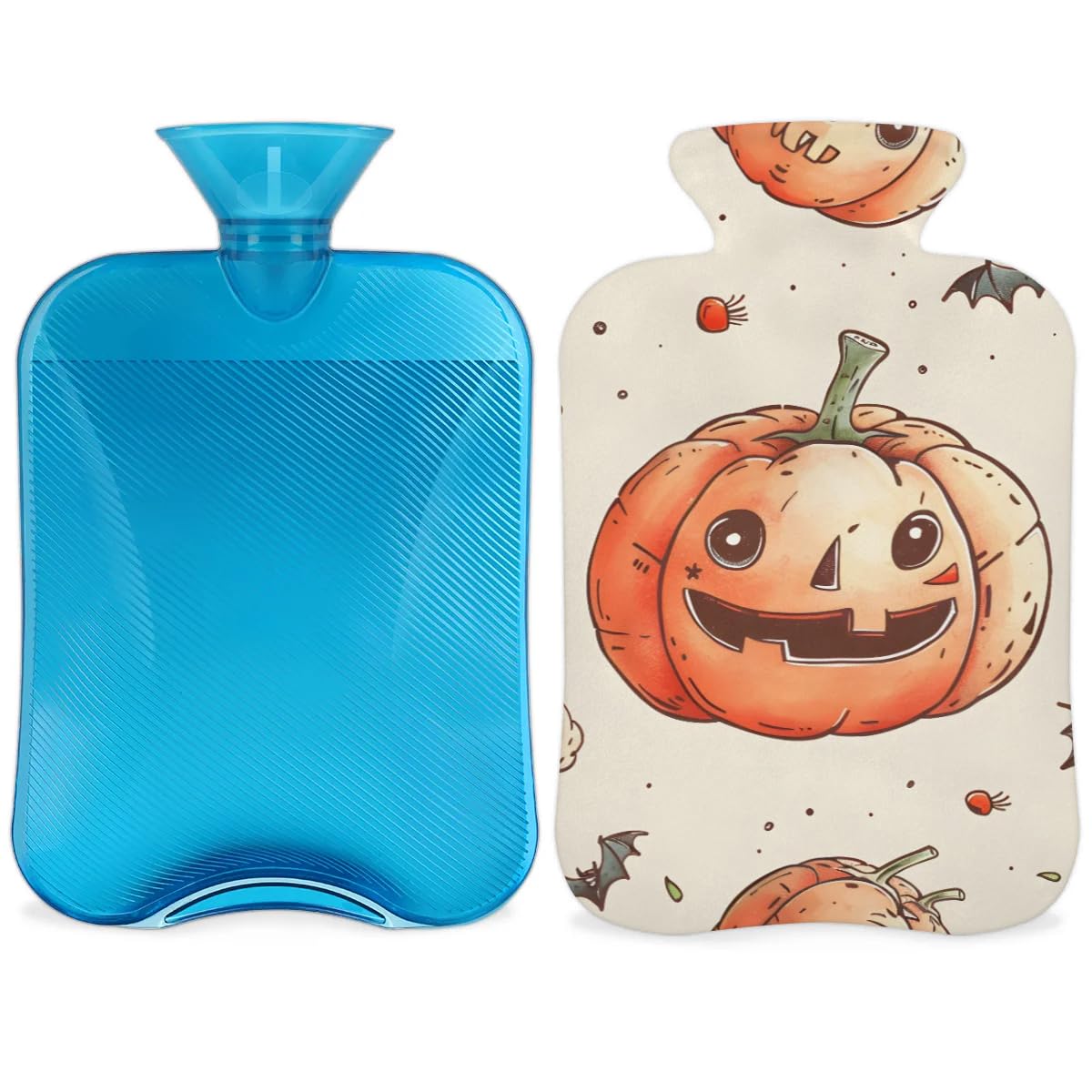 Hot Water Bottle with Soft Cover,2L Watercolor Pumpkin Hot Water Bag for Hot and Cold Compress, Hand Feet Warmer, Glowing Pumpkin Rubber Hot or Cold Water Bottle Halloween Christmas Decorations