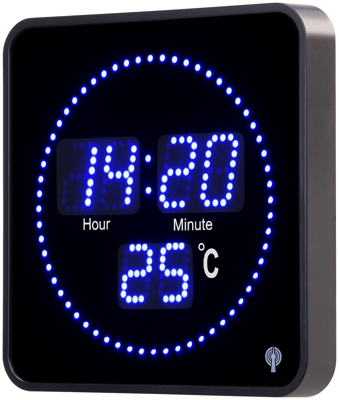 Horloge radiopilotée 20 x20 cm avec thermomètre - LED bleues [Lunartec]