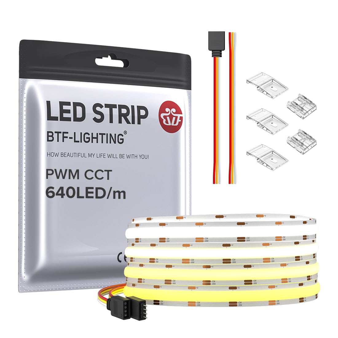 BTF-LIGHTING FCOB COB LED Strip CCT Flexible High Density 9.8FT 640LED/m Tunable 3000K-6000K DC24V CRI 90+ Dimmable Light Ribbon for Bedroom Kitchen Indoor Decoration(No Adapter or Controller)