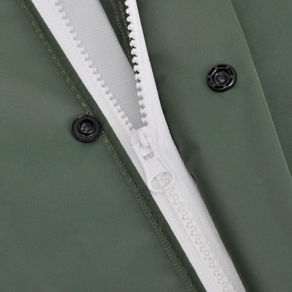 Manteau de Pluie Long Vert Taille L en Polyester Enduit PVC avec Capuche, Poches à Rabat, Poignets élastiques, Protection Pluie tempête pour randonnée Camping Travail Plein air