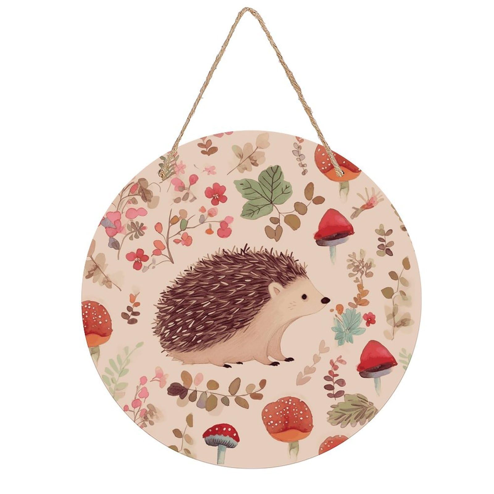 VstaDank Lovely Hedgehog Wall Art Decor with Ropes Wooden Hanging Sign Hanging Wall Decor Artwork Round Wood Painting Modern Wall Prints Decor Picture for Office Bar Home Decors