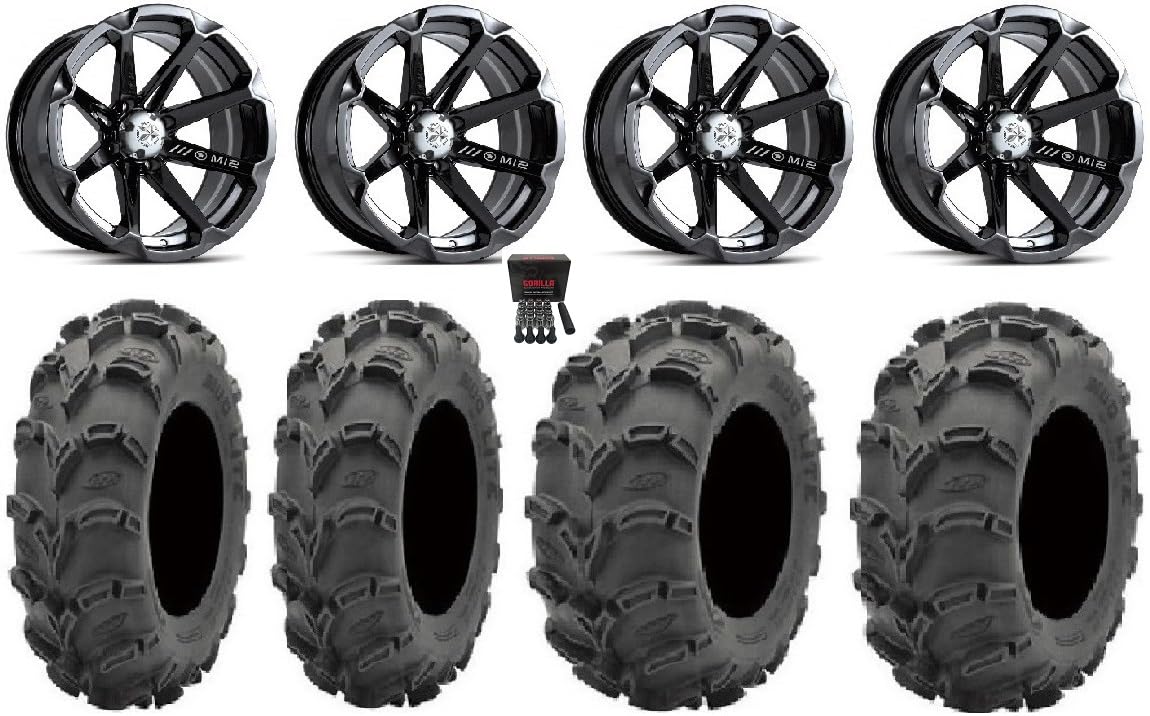 Bundle - 9 Items: MSA Black Diesel 14" ATV Wheels 28" Mud Lite XL Tires [4x110 Bolt Pattern 10mmx1.25 Lug Kit]
