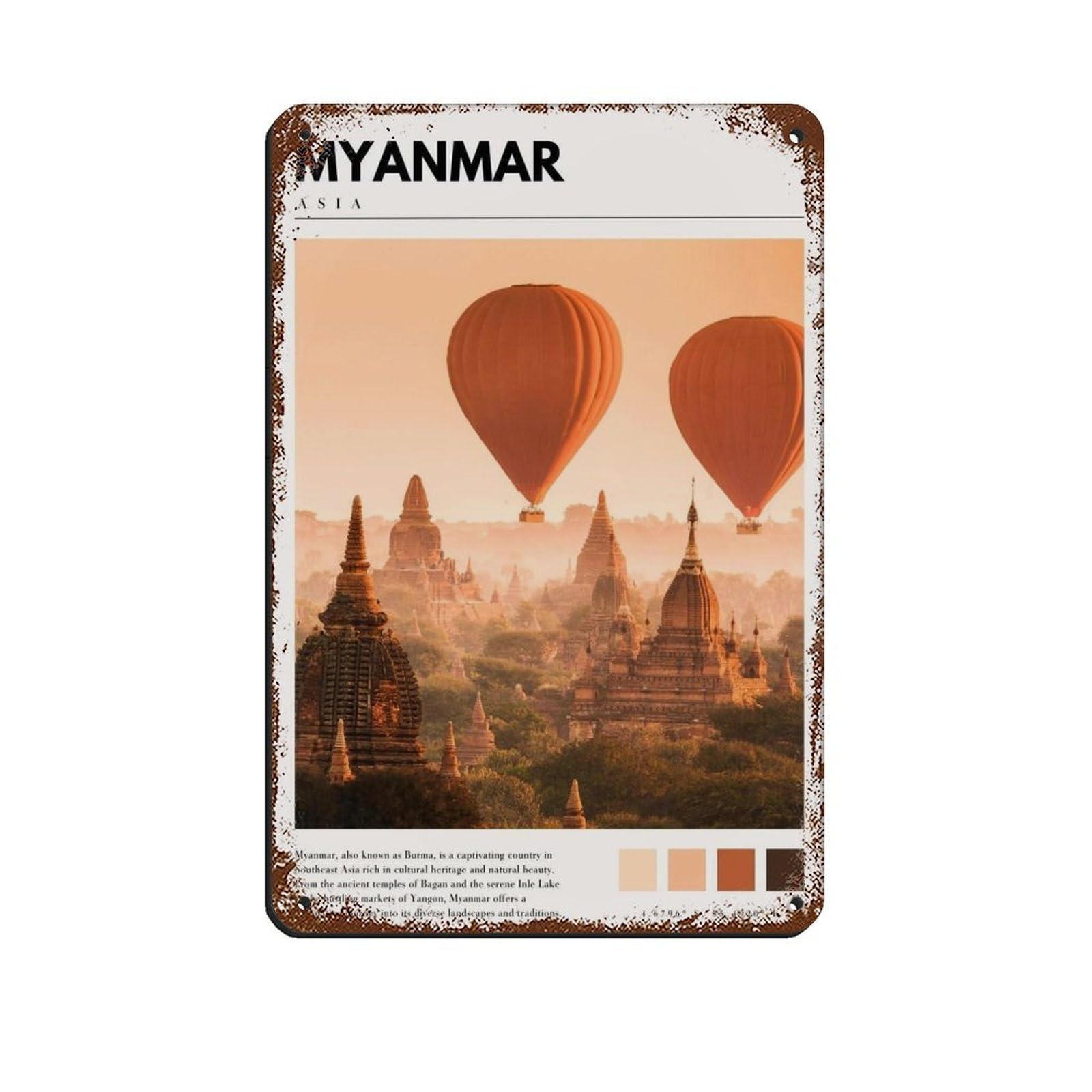 Lxwnze 20L X 30W Cm Myanmar Burma Poster Myanmar Yangon Bagan Tin Sign Vintage Metal Pub Club Cafe Bar Home Wall Art Decoration Poster Retro 8X12inch(20X30cm)