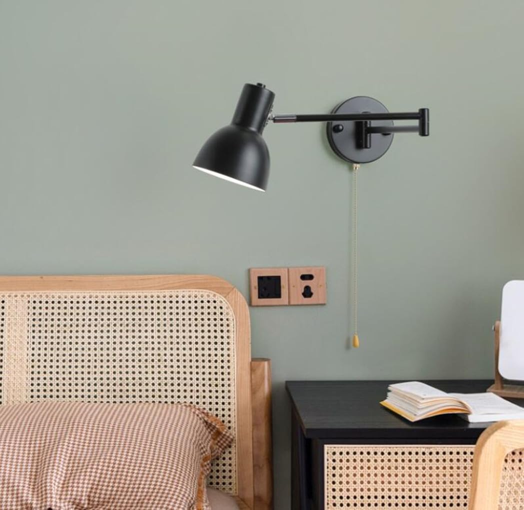 Lampa ścienna LED z przełącznikiem w środku Czarna lampa ścienna z obrotowym ramieniem Lampka nocna Klosz metalowy Lampa do sypialni Lampa do czytania do salonu Korytarza Schodów E
