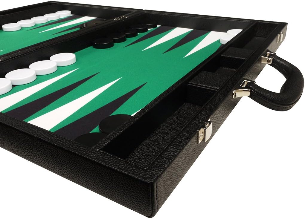 19-inch Premium Backgammon Set - Large Size - Black Board, Green Playing Surface, Black and White Points