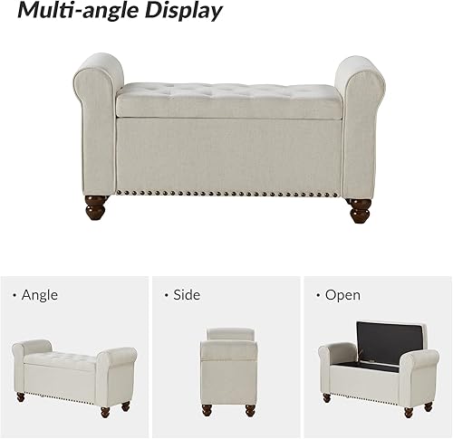 Miniatura 7 de HULALA Home Banco otomano de almacenamiento con reposabrazos enrollado, banco de cama con botones copetudos con patas de madera maciza, tapa