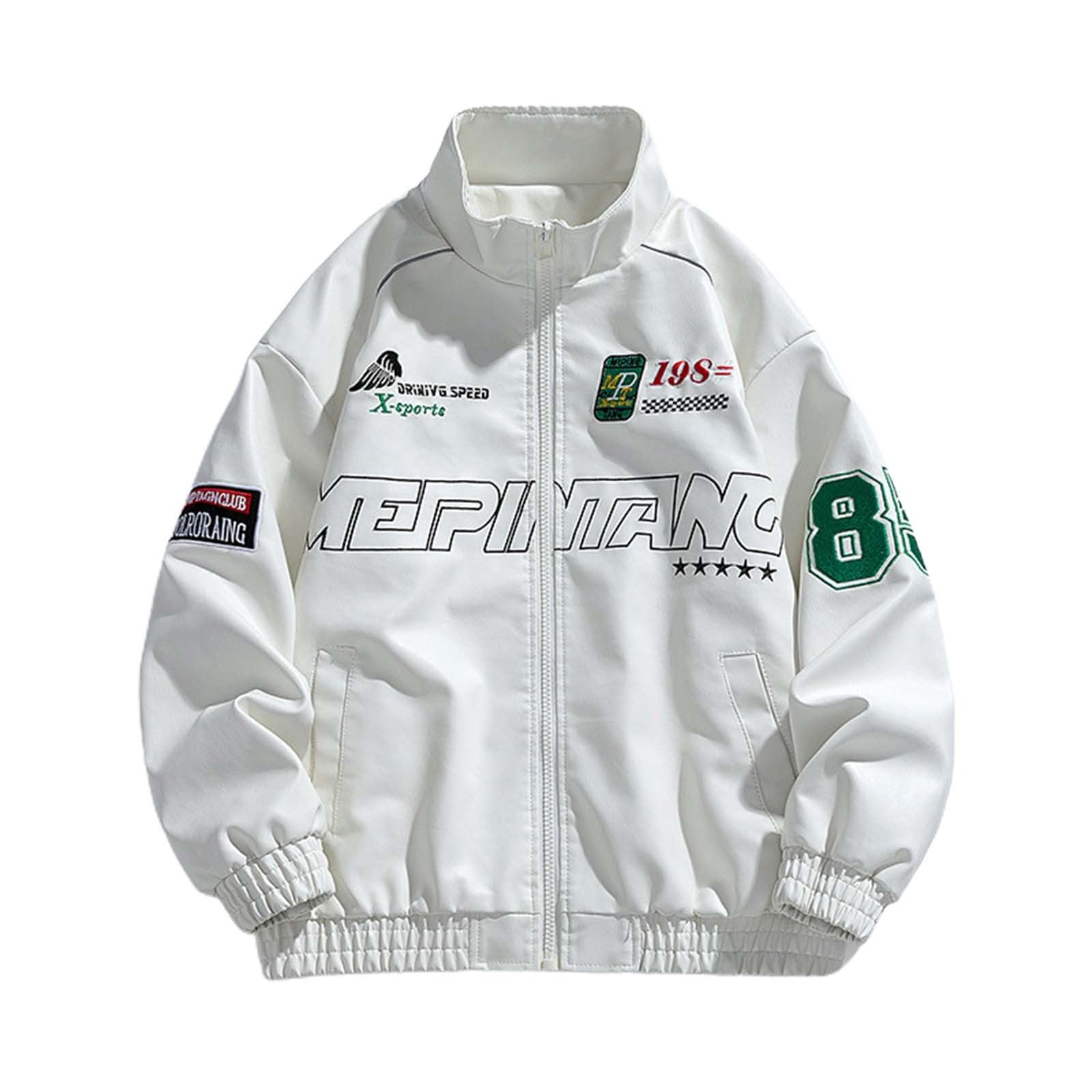 Generisch Giacca in pelle da uomo Y2K, oversize, in ecopelle, con chiusura lampo, stile bomber vintage, giacca tradizionale universitaria, giacca da baseball, hip hop, streetwear