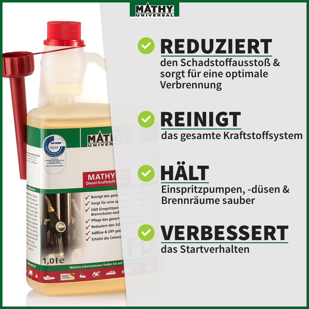 MATHY-FD Diesel-Pflege-Kraftstoffadditiv, 5 x 1 l, Additiv Systemreiniger | Dieseladditiv & Kraftstoffstabilisator, Hochkonzentrierte Reinigung für Dieselmotor, Reiniger bei jeder Tankfüllung