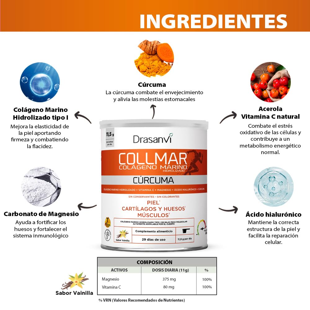DRASANVI COLLMAR Colageno Marino Hidrolizado + Curcuma con Magnesio, Vitamina C, Ácido Hialurónico| Articulaciones y musculos | Máx. asimilación 9.595 mg/día | 340g de polvo | Collagen Sabor Vainilla