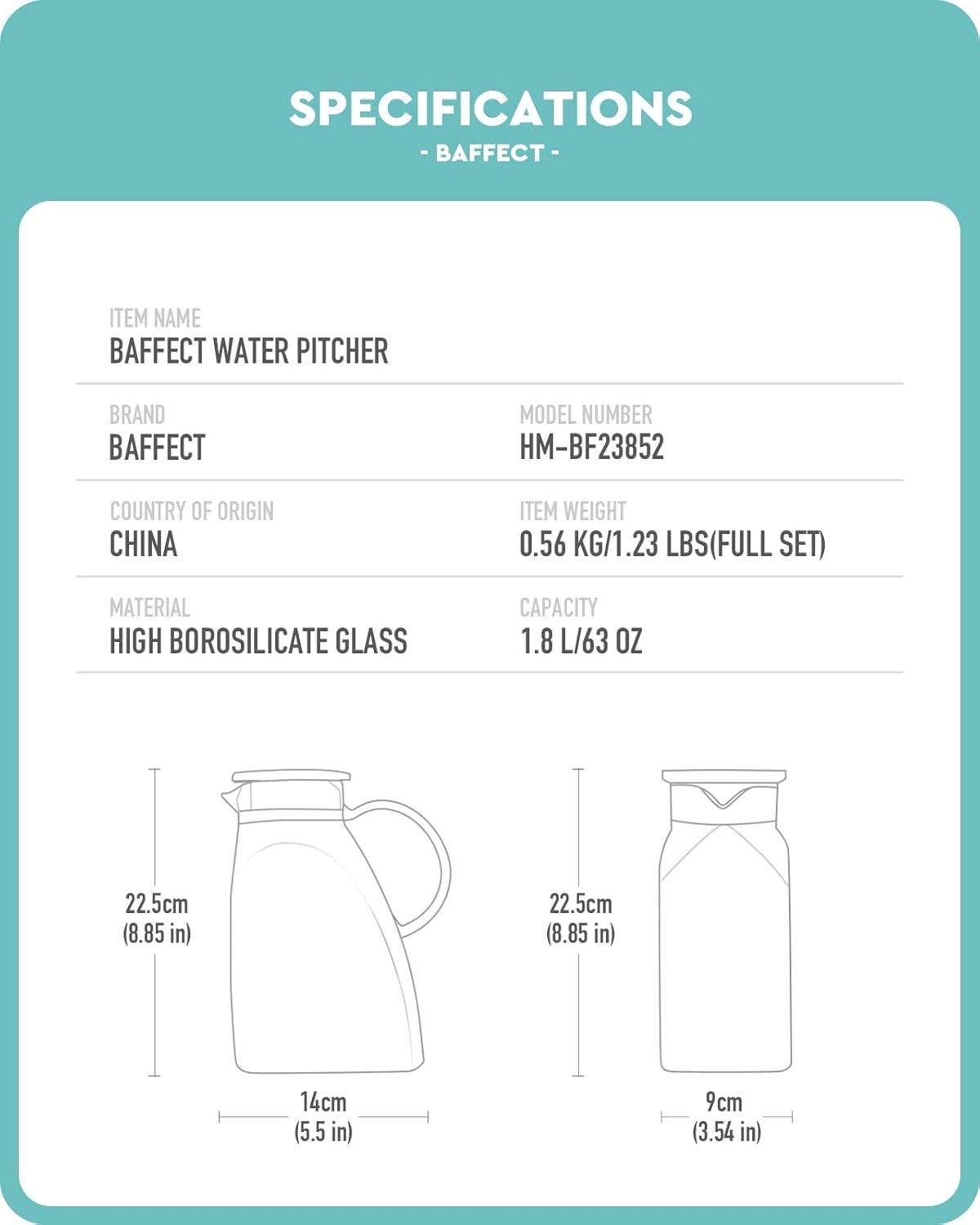 Baffect Water Pitcher, High Borosilicate Glass Jug with Stainless Steel Lid, Leakproof Fridge Door Carafe for Hot or Cold Beverage (1.8 L/63 oz.) - Image 6