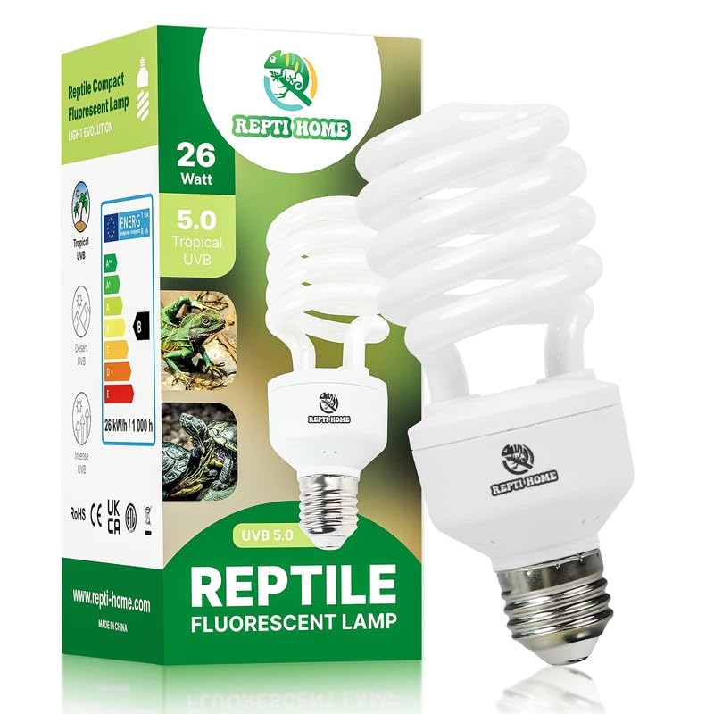 REPTI HOME Reptilien UVB Lampe Terrarium, 26W UVA UVB Lampe 5.0, E27 Terrarium Lampen UV 150 für Schildkröten, Vöge, Bartagame, Echsen, Chamäleons