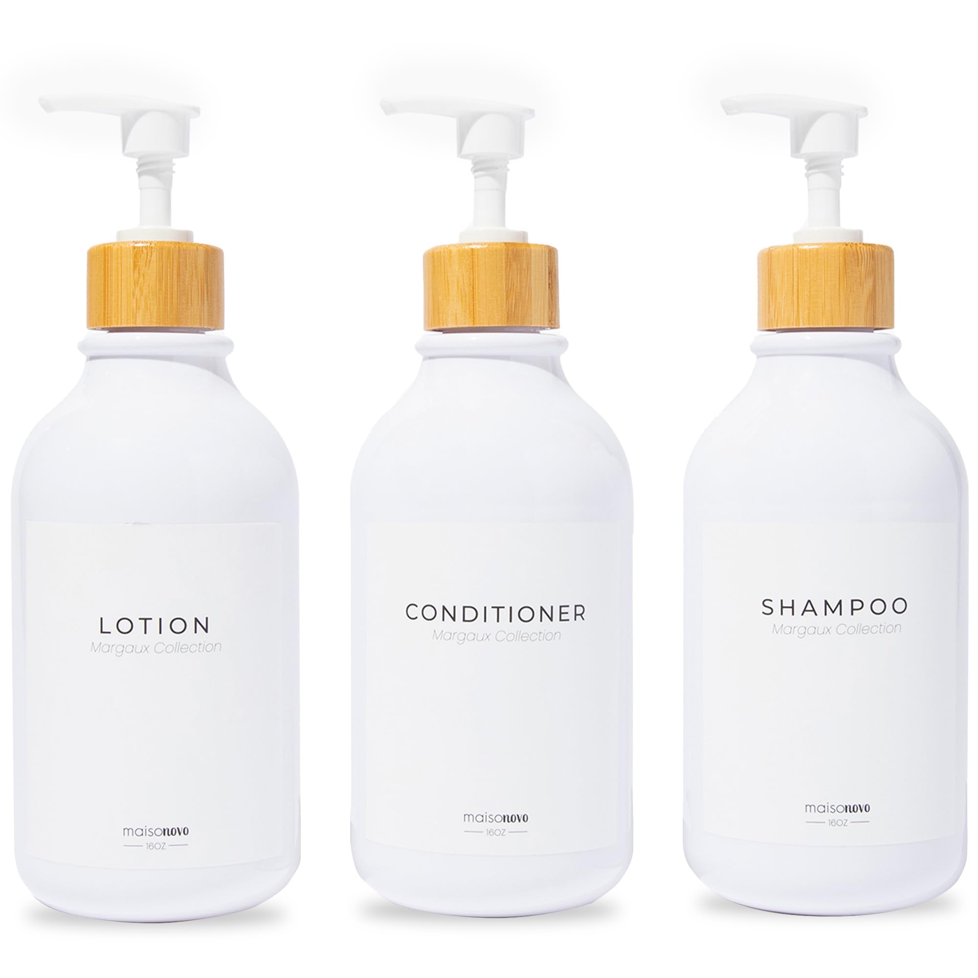MaisoNovo Shampoo and Conditioner Bottles Dispenser | Soap Shampoo Dispenser Bottles with Pump for Shower | 3 Bamboo White Margaux Bottles White Pumps Dispenser