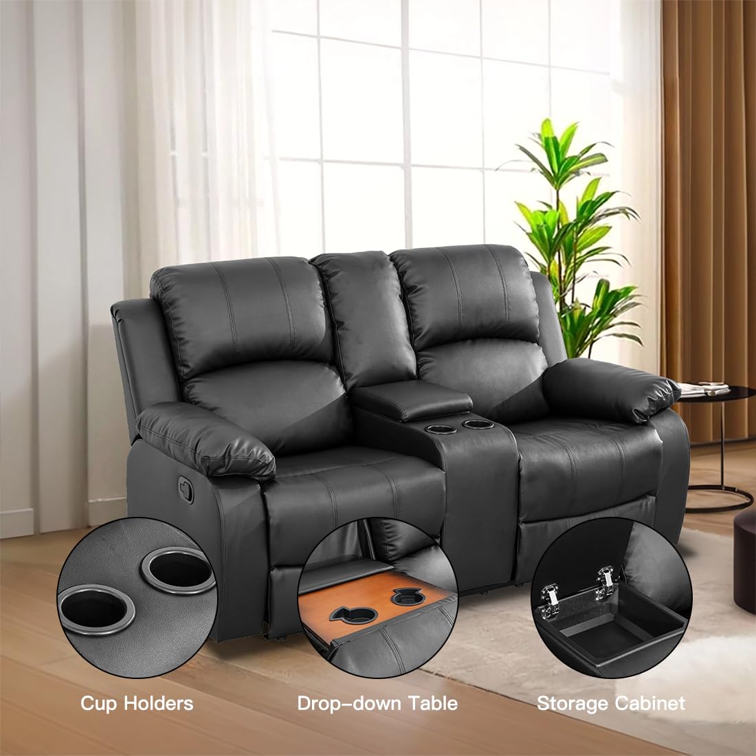 Toseslo Manual Recliner Loveseat Set, Living Room Furniture Sets, 2 Seater Modern Reclining Couches, Black Leather Reclining Couch Sets with Storage Console/Cup Holder for Living Room/Apartment view 3
