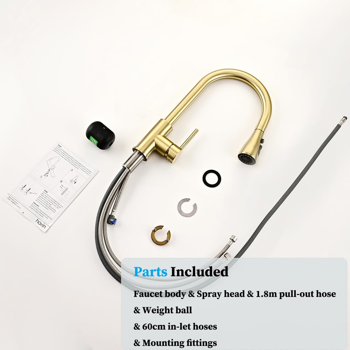 Havin Gold Kitchen Faucet HV601 package contents including faucet body, hoses, weight, and mounting hardware.