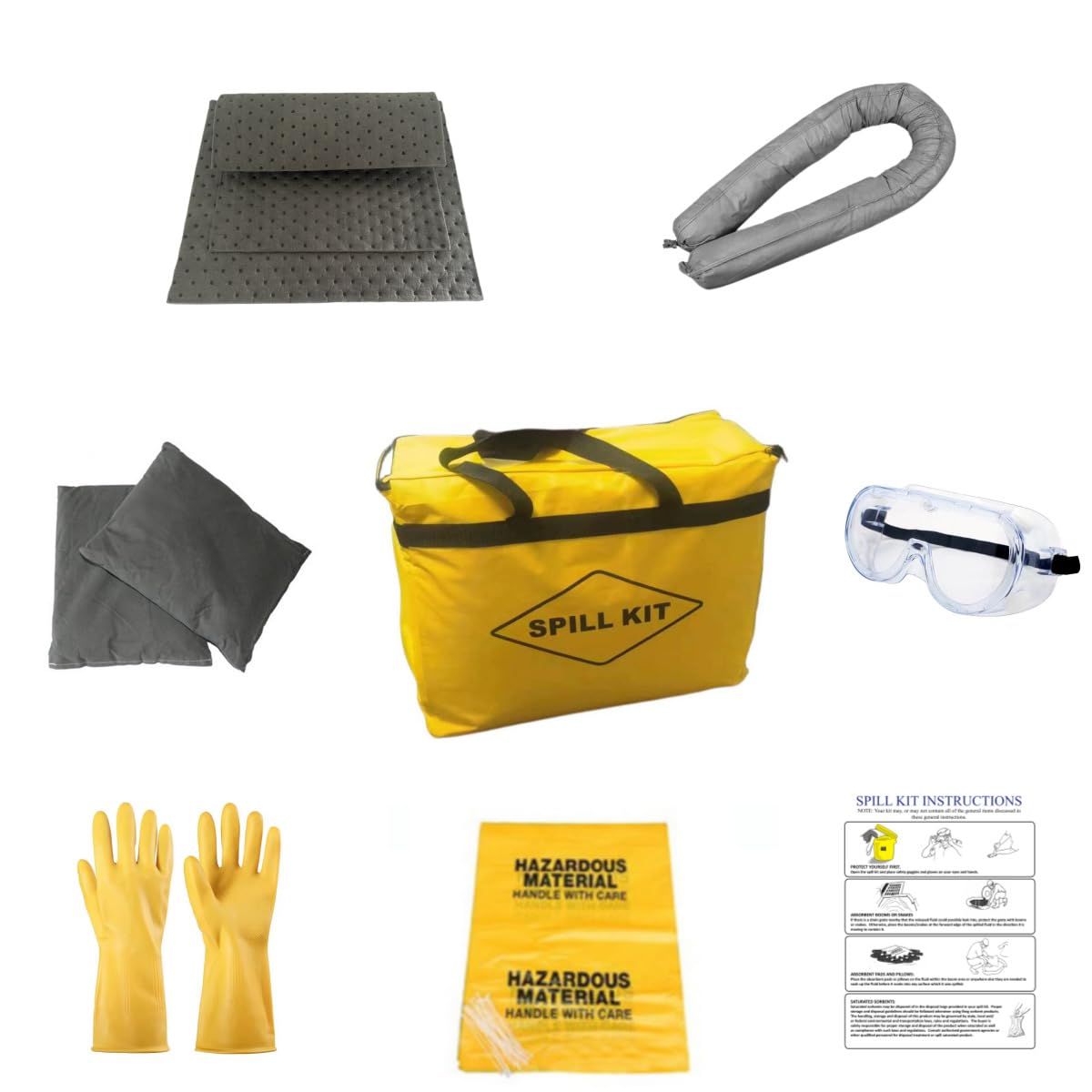 Kit Anti-Pollution Chimique – Kit Absorbant Chimique pour Déversements de Produits Chimiques Dangereux, Inclus 20 Feuilles Absorbantes Chimiques, 2 Boudins, Gants et Sac de Déchet (Grey -30L)
