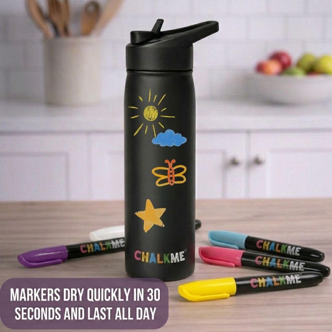 Kids Water Bottle 20oz Stainless Steel Vacuum Insulated with Washable Chalk Markers Included, Decorate Your Own Water Bottle, Reusable Gift for Boys and Girls