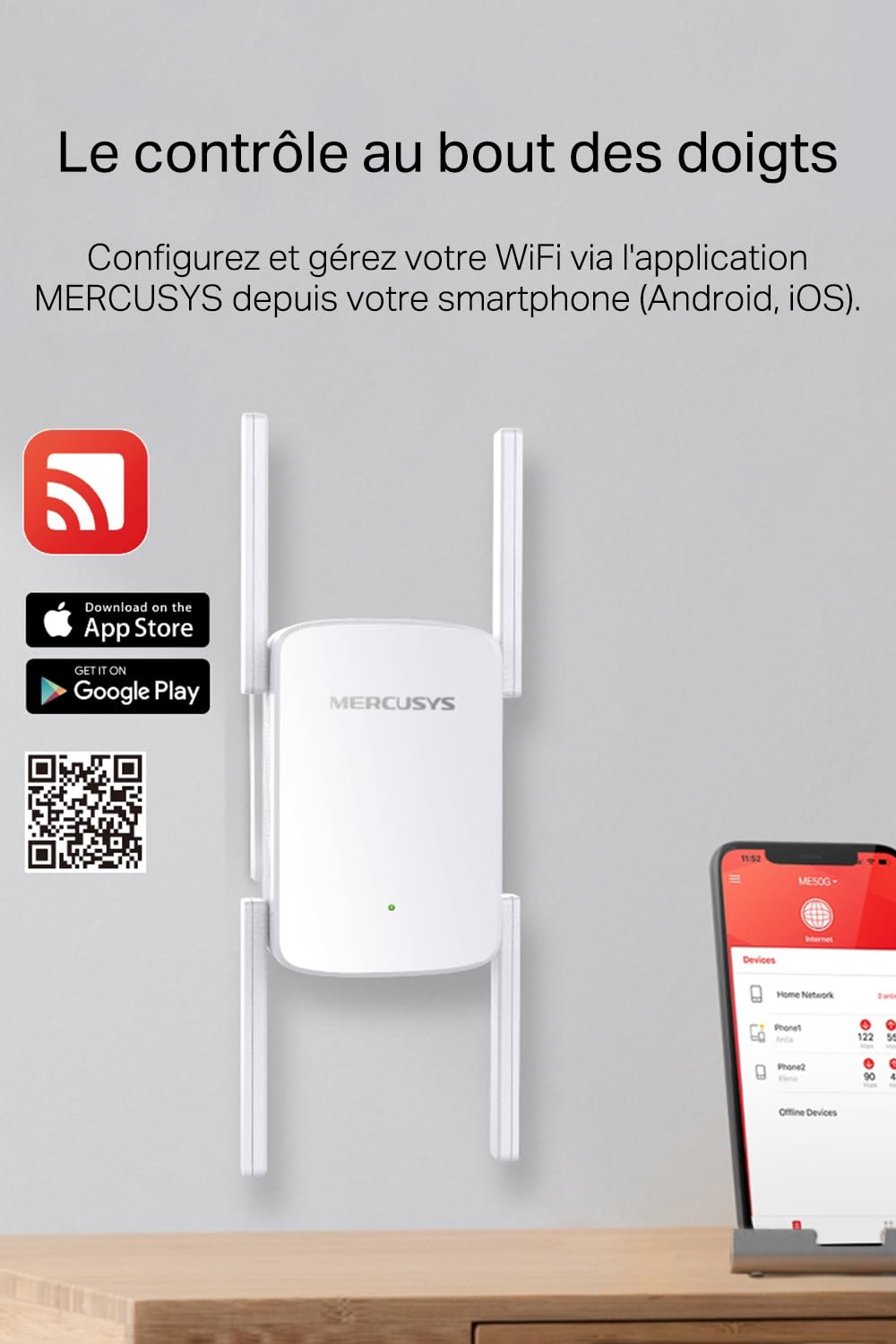 Mercusys Répéteur WiFi Puissant 1900 Mbps Bi-Bande, Port Gigabit, ME50G | Compatible toutes box, MU-MIMO, Profitez d'une connexion rapide dans toute la maison, Idéal pour le Streaming 4K