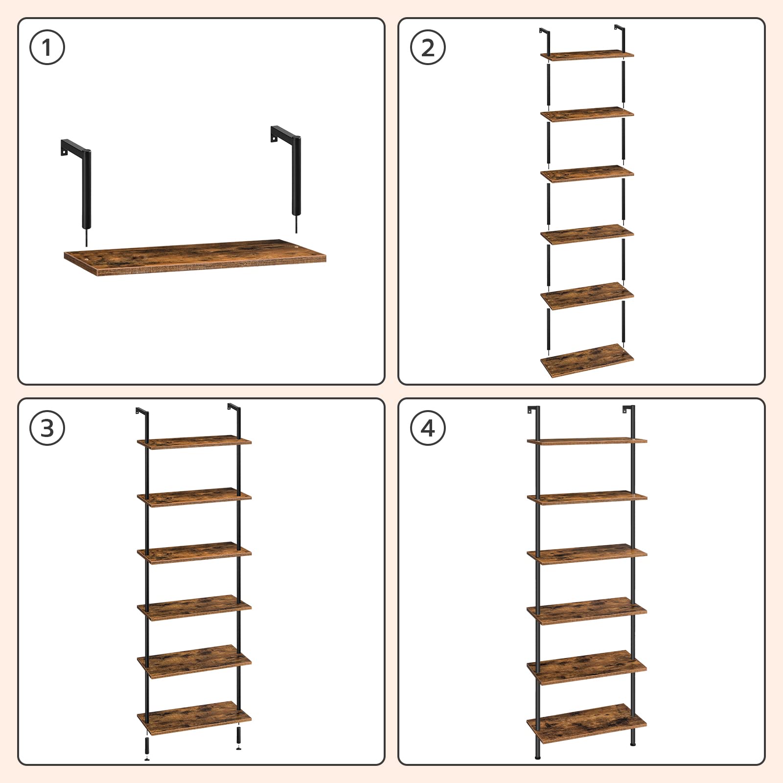 HOOBRO DIY Scaffale a Scala, Libreria 6 Ripiani, Scaffale da Parete in Stile Industriale, Organizzatore da Ufficio, per Soggiorno, Ufficio EBF65CJ01
