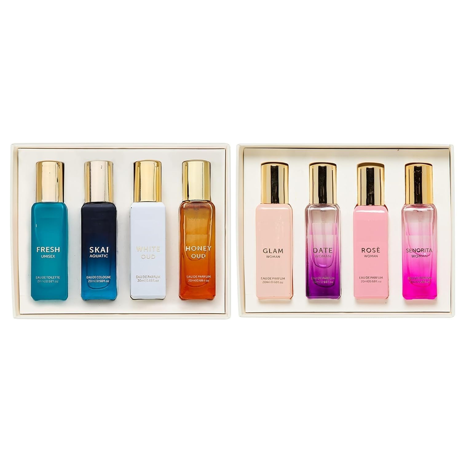 Zestaw upominkowy Luxury Organic Organic Perfumy | 4 x 20 ml dla kobiet i 4 x 20 ml unisex, długa trwałość woda perfumowana | Data (Women) i świeży (Unisex) | Zestaw podarunkowy Premium