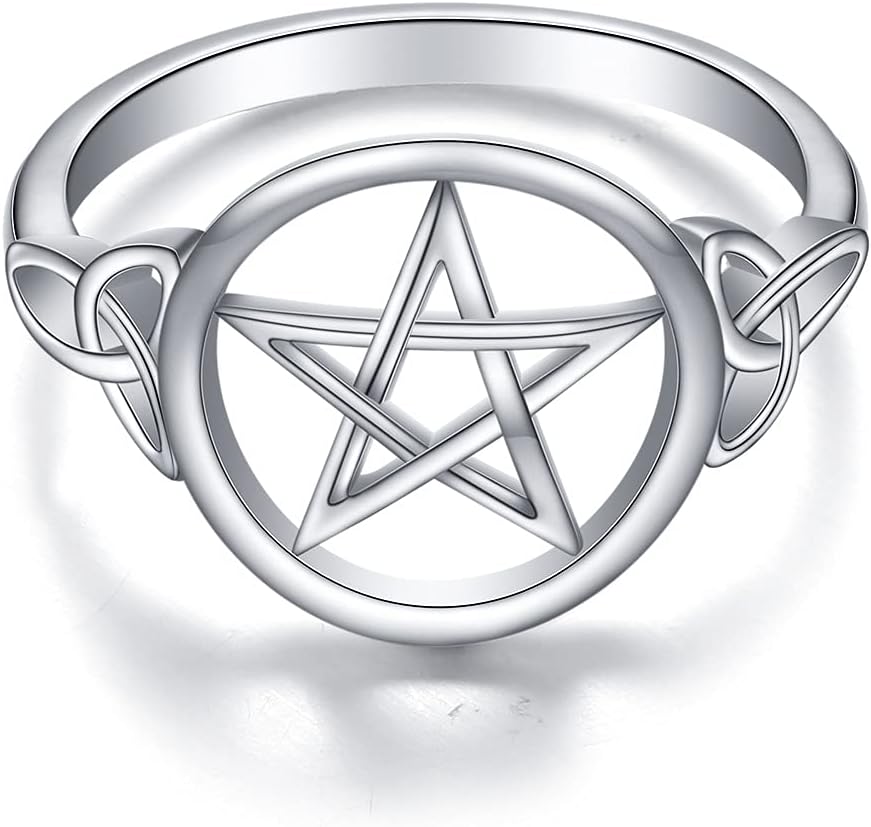 S925 Sterling Silver Pentagram Amulet Pentacle Celtic Knot Star Witch Ring for Women Men Jewelry