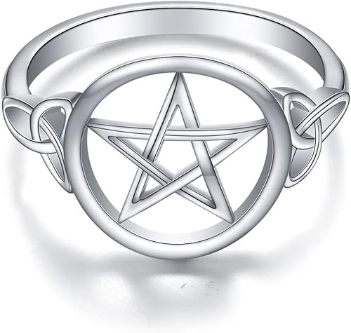 Anillo de plata de ley S925 con amuleto de pentagrama de pentáculo, nudo celta, estrella y bruja, joyería para mujeres y hombres