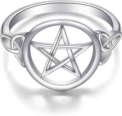 S925 Sterling Silver Pentagram Amulet Pentacle Celtic Knot Star Witch Ring for Women Men Jewelry