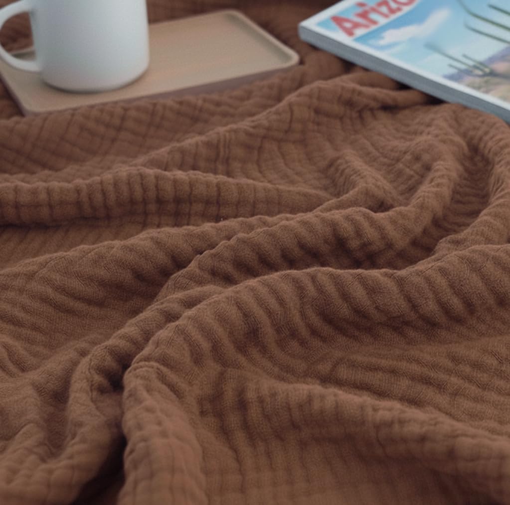 KyraHome 100% Organic Cotton 60"x80" Large Muslin Blankets for Adults Couch Kid, Plant Dyed Lightweight Breathable Soft Gauze Summer Blanket, Travel, All Season (Brown)
