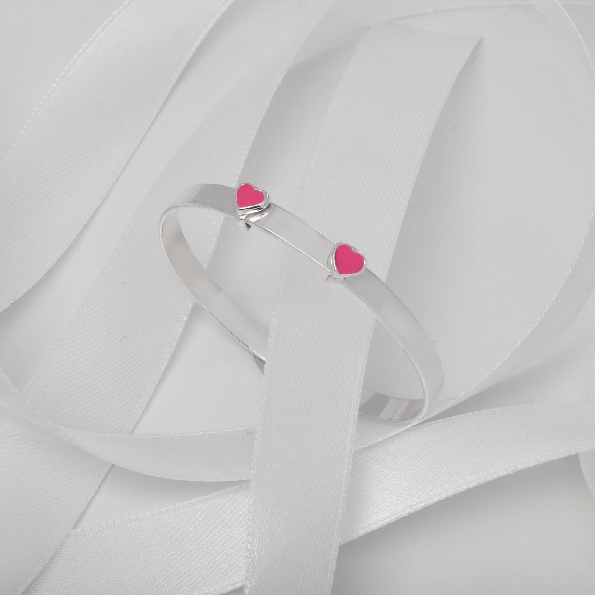 Aeon Bracelet extensible bébé argent sterling 925, cœurs émail rose, baptême, coffret cadeau