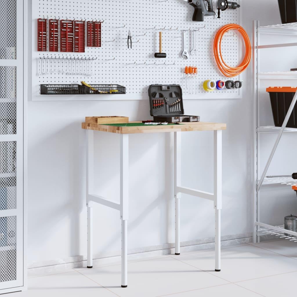 Banco da lavoro in legno di acacia massiccio con telaio regolabile in altezza, 80 x 60 x (73-99,5 cm), tavolo da lavoro rettangolare per officina, garage, fai da te, hobby, con piano di lavoro
