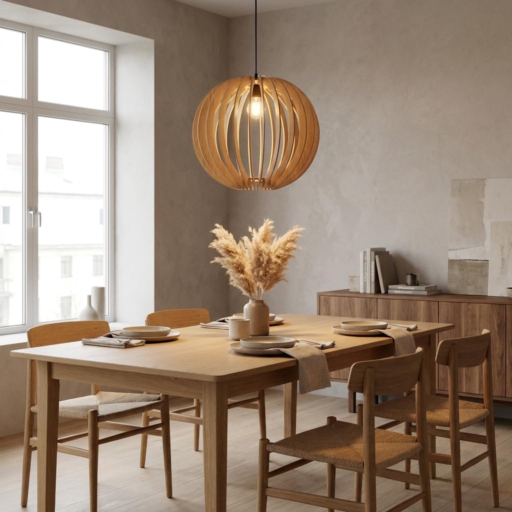 BARCELONA LED Lampa Wisząca BURMA Ø45 cm z Drewna MDF | Kulisty Klosz w Naturalnym Wykończeniu | Oprawka E27 Max. 40W | Regulowana Wysokość | Lampa Sufitowa do Salonu, Jadalni i Sypialni
